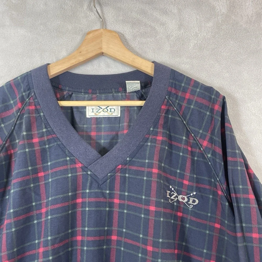 Vtg 80s Izod Windbreaker Pullover V-Neck Mens Large Plaid Preppy Grandpa Logo